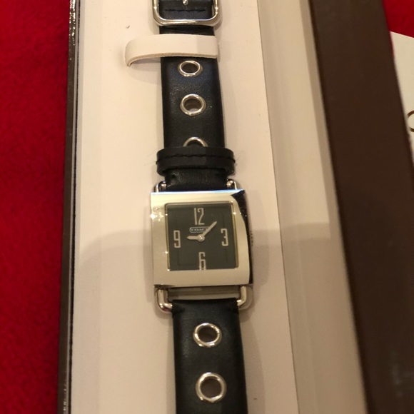 Black and silver Coach leather strap wrist watch